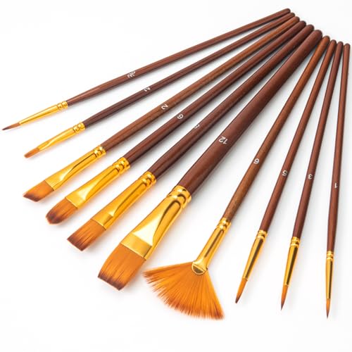 10Pcs Paint Brushes for Acrylic, Watercolor & Gouache Painting, Artists & Beginners