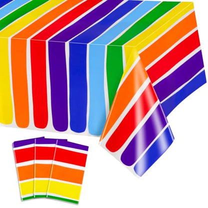 PHOGARY 3 Pack Rainbow Theme Tablecovers for Party Decoration, Disposable Plastic Rectangular Table Covers, Rainbow Parties Tablecloth Summer Beach Kids Birthday Cocktail Party Supplies