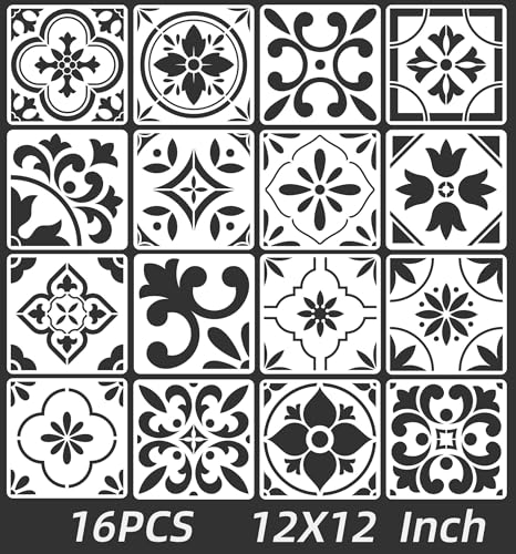 16 Pack Spanish Tile Stencils for Painting Floors & Walls - 12x12 - size: 12 X 12 Inch