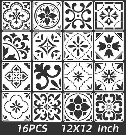 16 Pack Spanish Tile Stencils for Painting Floors & Walls - 12x12 - size: 12 X 12 Inch