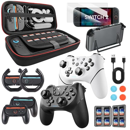 AceGamer Pro Controllers Accessories Bundle for Nintendo Switch 2 17-in-1: Carrying Case, Screen Protector, Dockable Console Protective Cover Shell, Grip for Switch 2 Joycons, Steering Wheel, Thumb, Card Case - color: Black&White