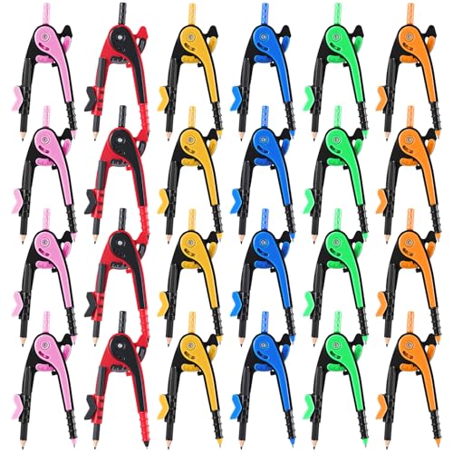 Chengu 24 Pcs Math Geometry Compass Bulk with Pencils 6 Inch, Dark Color - color: Dark Color