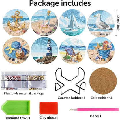 askkqtx 8 Pcs Beach Diamond Art Coasters Kits with Holder 4X4 Inch - color: BDWY355