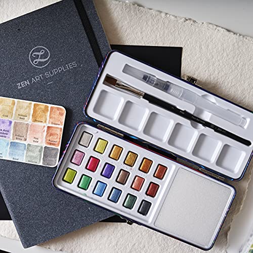 Metallic Watercolor Paint Set with Brush for Beginner- PREZIOSO 18 Half-Pan