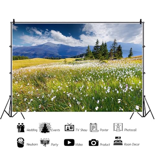 10x7ft Vinyl Summer Landscape Backdrops for Photography Background Blooming Flower Mountain Landscape Grass Field Vacation Holiday Party Backdrop Children Adults Portraits Photo Studio - size: 10x7ft