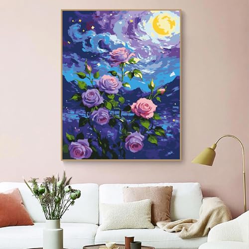 ZRIZQ Flowers Paint by Numbers Kit for Adults Beginner,Purple Rose,16x20 - color: 16"X20"Rolled Canvas(Frameless)-Flowers 2