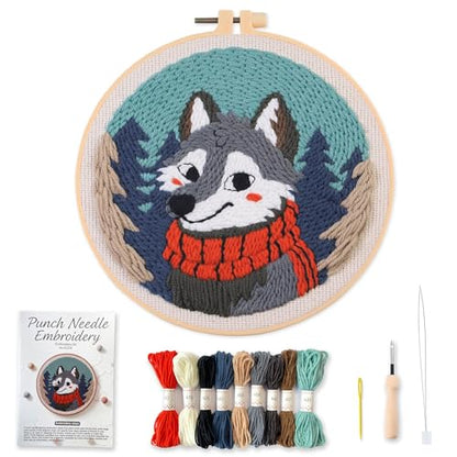 Myfelicity Punch Needle kit, a Beginner Set with Wolf Pattern Design, Suitable for Beginners and Adults with 7.9-inch Hoop - color: wolf