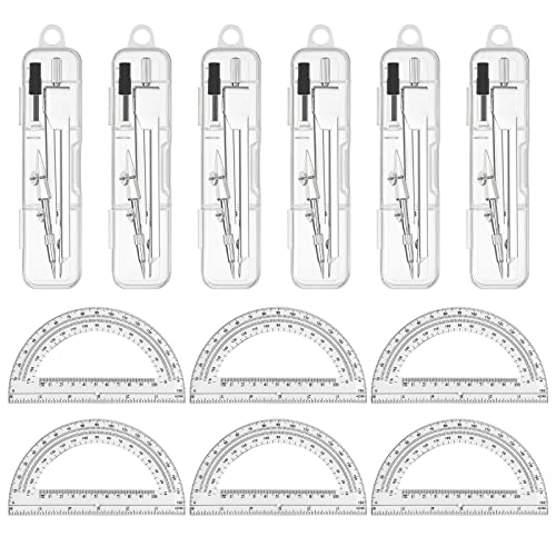 6 Sets Compass and Protractor Sets Student Basics Geometry Math Set Metal Compass and 6 Inch 180 Degree Protractors Geometry Graphing Drawing Tools For Office and School Supplies(clear) - color: Clear