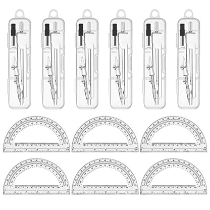 6 Sets Compass and Protractor Sets Student Basics Geometry Math Set Metal Compass and 6 Inch 180 Degree Protractors Geometry Graphing Drawing Tools For Office and School Supplies(clear) - color: Clear