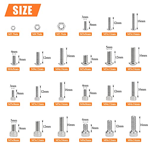 HELIFOUNER 660 Pieces M3 M4 M5 M6 Hex Socket Head Screws and Button Head Socket Cap Screws Nuts Assortment Kit, 304 Stainless Steel - size: M3 M4 M5 M6