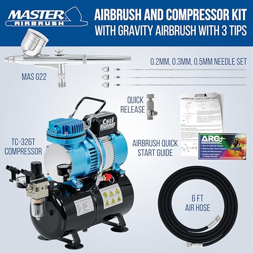 Master Airbrush Cool Runner II Tank Compressor, 3 Tip Gravity Airbrush Kit - size: Deluxe