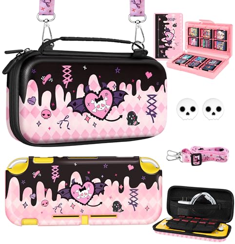 6in1 Kits Accessories Bundle for Nintendo Switch Lite 2019 - Cute Carrying Case, Protective Cover, Joy Con Grips, Thumb Grips, 24 Game Holder, Shoulder Strap Teens Boys Girls, Skull - color: Skull, size: for Nintendo Switch Lite 2019