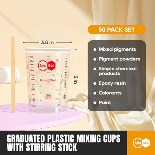 20oz Resin Mixing Cups - [Easy-Separate Design] 50 Pack Graduated PP Plastic Mixing Cups for Epoxy Resin, Paint & Automotive - Includes 50 Stir Sticks, Calibrated Ratios 2:1 3:1 4:1, ML & OZ - color: 20OZ-50PACK-CLEAR
