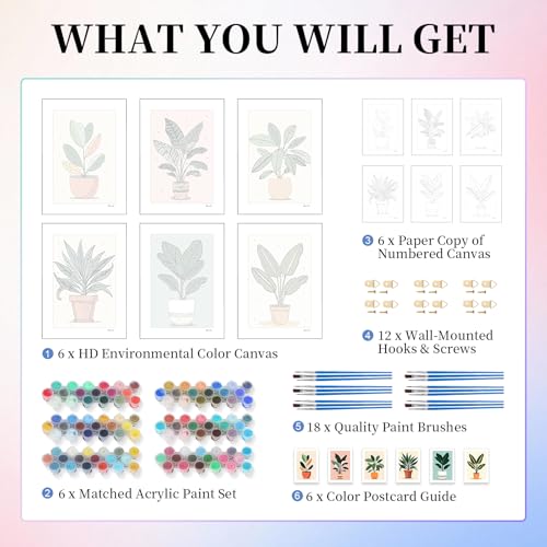 6 Pack Paint by Numbers Kit for Adults, Green Plants Canvas Painting Set - color: Plants-1