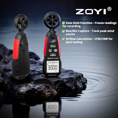 Handheld Anemometer with Temp & Humidity Sensor, 9999 Reading Data Hold, 5/s Sampling Rate, Large Backlit, 0-12 Wind Level Meter for Outdoor Sports Wind Speed Measuring