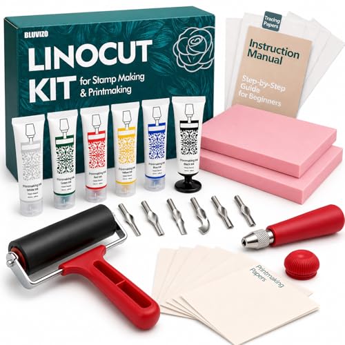Linocut Tools Block Printing Kit, Deluxe Stamp Carving Printmaking Supplies - color: Multicolor(6 Color Version)