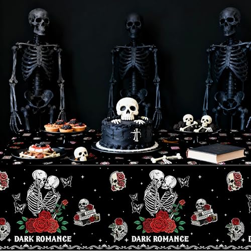 3Pcs Dark Romance Party Tablecloths Skull Rose Table Decoration - color: Dark Romance