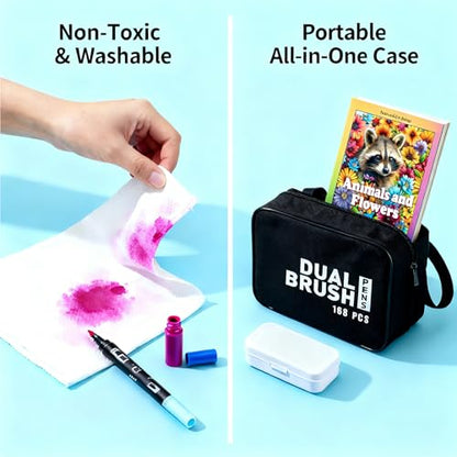 168 Colors Dual Brush Art Pens with Coloring Pages