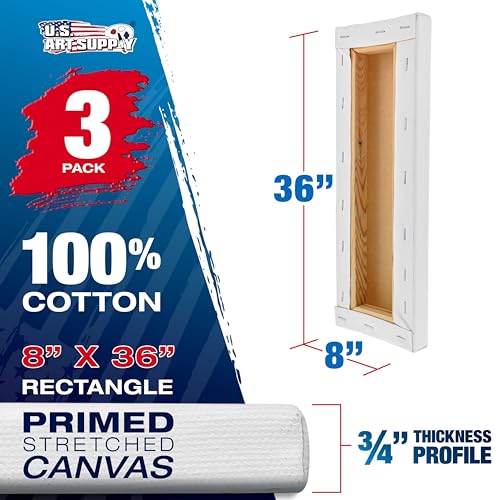 U.S. Art Supply 8"x36" Stretched Canvas for Painting, 3/4" Profile, 3-Pack