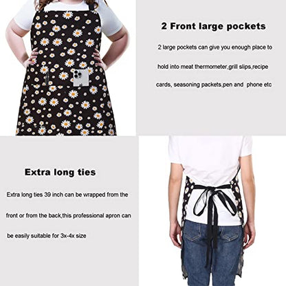 Plus Size Adjustable Bib Apron Water Resistant Canvas Extra Wide Long Ties Aprons with 2 Pockets Kitchen Cooking Gardening - color: Daisy