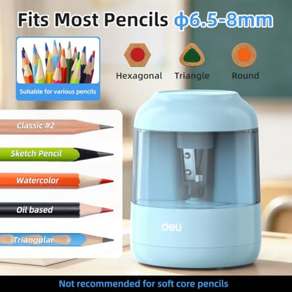 deli Electric Pencil Sharpener, Battery Operated, 6.5–8mm for Classroom - color: Blue