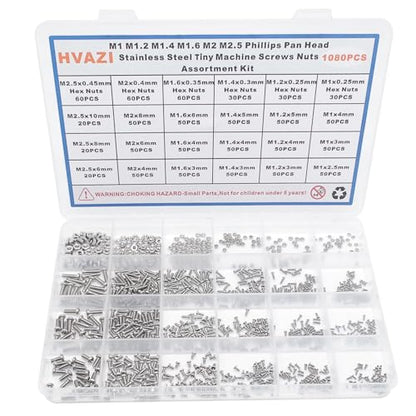1080PCS M1-M2.5 304 SS Phillips Pan Head Tiny Machine Screws Nuts Kit - size: M1/M1.2/M1.4/M1.6/M2/M2.5