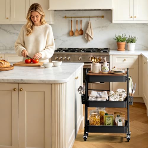 3 Tier Rolling Cart with DIY Pegboard, Metal Utility Cart with Table top - color: Black With Pegboard