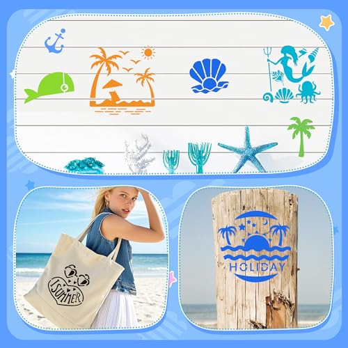 20Pcs Ocean Stencils for Painting,7.8Inch Reusable Large Beach Stencils