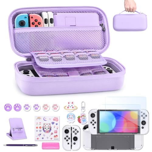 innoAura Switch OLED Case 19-in-1 Bundle for NS Switch OLED (2021), with Carrying Case, Screen Protector, Stand and Thumb Grips, Purple - color: Purple, size: for Switch OLED (2021)