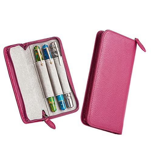 Lanxivi Genuine Leather Fountain Pen Case 3 Divided Slots Wine Red Color, Zippered Pen Case Pouch, Handmade Display Holder for Rollerball Pen - color: Wine Red