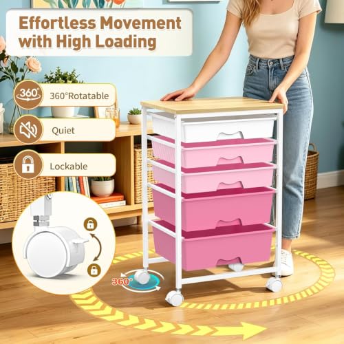 SUNALLY Rolling Carts with 5 Drawers, Storage Drawer Carts for Craft, Pink - color: Pink