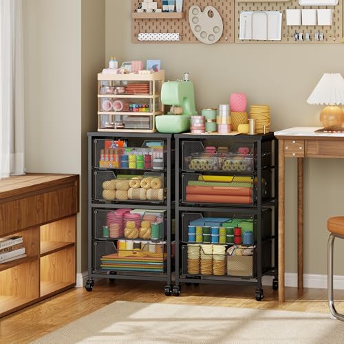 Rolling Cart with Drawers, Utility Storage Cart with Lockable Wheels, Metal snack cart, Under Desk Storage for Office, Kitchen, Craft, and Art Supplies, Black