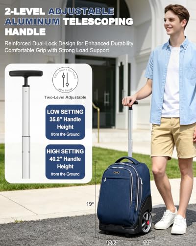 NEW TILAMI 19 Inch Rolling Backpack for School Stair-Climbing Big Wheel - color: Navy Blue