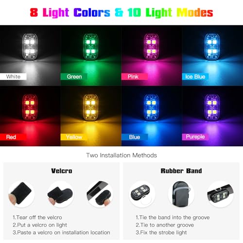 4PCS Wireless LED Strobe Lights with Remote Control, USB Rechargeable 8-Color High Brightness Waterproof Anti-Collision Warning Lights for Car, Motorcycle, Drone, Truck, Bike