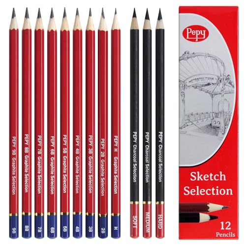 Pepy Graphite and Charcoal Professional Drawing Pencil Assortment; 9 Graphite and 3 Charcoal Hardnesses; Pre-Sharpened; Perfect for Drawing, Sketching and Shading, Graphic and Fine Art