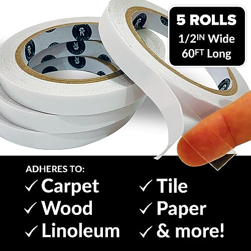 HIPPIE CRAFTER 5 Pack Clear Double Sided Tape, 1/2 Inch Wide Heavy-Duty Adhesive, Removable Mounting Tape for Posters, Carpets, Wall-Safe Use, 60 Feet Each, 300ft Total - size: 1/2 inch Wide - 5 Pack