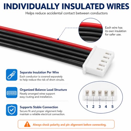 5-Pack 4S Balance Plug Extension Leads, 200mm 22AWG JST-XH Style Wires