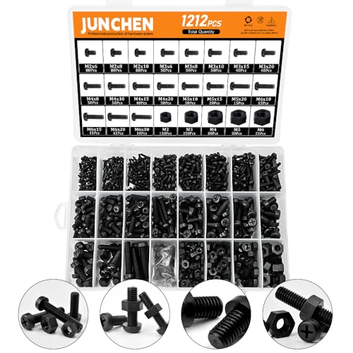 1212pcs Black Nylon Plastic Pan Round Head Phillips Screws Bolts and Nuts,M2M3M4M5M6 Metric Threaded Screws Bolt and Nut Assortment Set for Micro Controller Board Building,Insulate or Fasten PCB Board