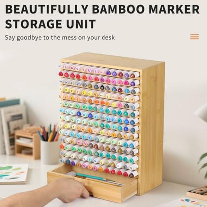 AUTOARK Natural Bamboo Marker Organizer with Drawer, AHK-065 - size: 182 Markers