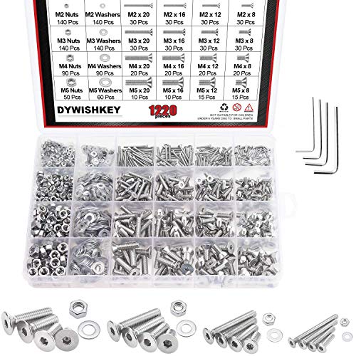 DYWISHKEY 1220 PCS M2 M3 M4 M5, 304 Stainless Steel Hex Flat Head Cap Bolts Screws Nuts Washers Assortment Kit with Hex Wrenches - color: silvery gray