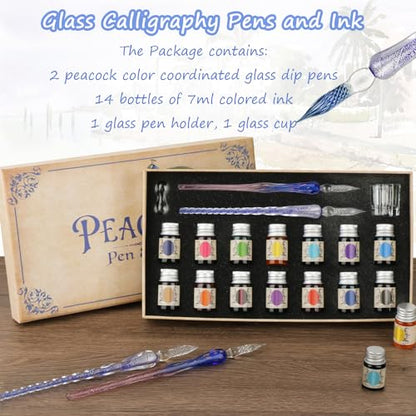 Calligraphy Pens, Dip Pen Set with 14 Color Inks, Glass Writing Instrument for Beginners