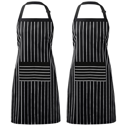 Syntus Apron for Men Women, Adjustable Cooking Kitchen Apron with 2 Pockets - color: Stripe Black Bold, style: 2 Polyester