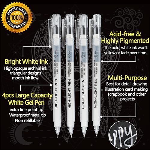 Qionew White Gel Pens,Opaque White Ink Pens for Black Paper Drawing,4 Pack