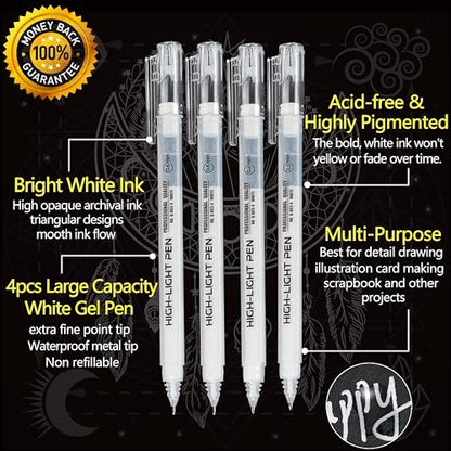 Qionew White Gel Pens,Opaque White Ink Pens for Black Paper Drawing,4 Pack