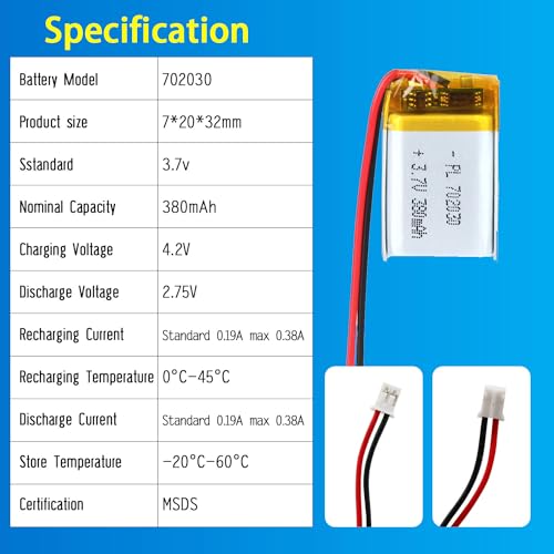 702030 3.7V Lipo Battery 380mAh 702030 Rechargeable Lithium - size: 702030 380mAh