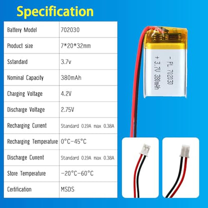 702030 3.7V Lipo Battery 380mAh 702030 Rechargeable Lithium - size: 702030 380mAh
