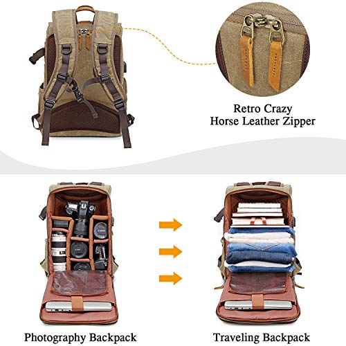 UBAYMAX Canvas Camera Backpack for Canon Nikon Sony DSLR SLR Waterproof - color: Khaki Brown