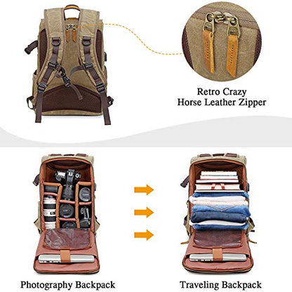 UBAYMAX Canvas Camera Backpack for Canon Nikon Sony DSLR SLR Waterproof - color: Khaki Brown