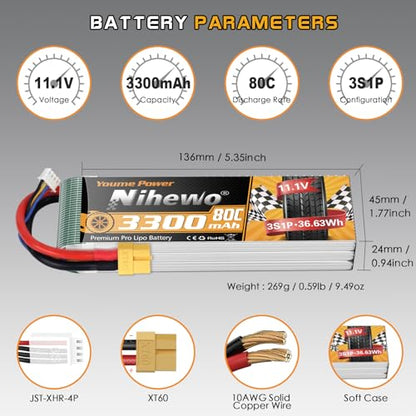 3S Lipo Battery XT60 11.1V 3300mAh 80C 2pcs for RC Truck Drone Boat