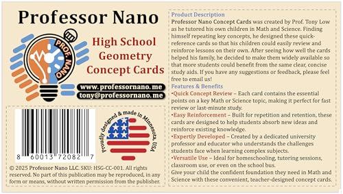 Professor Nano High School Geometry Concept Cards || 4x7.11 inches, Set of 11 || Cheat Sheet, Quickstudy